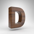 Letter D uppercase on white background. Dark oak 3D letter with brown wood texture.
