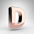 Letter D uppercase on white background. Rose gold 3D letter with gloss chrome surface