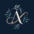 The letter A designed with intricate leaves and vines on a dark backdrop, Sleek minimalist monogram design for a personalized