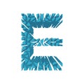 The letter E, in the alphabet broken 3d perspective set blue color isolated on white