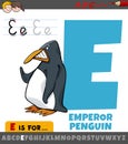 letter E from alphabet with cartoon emperor penguin Royalty Free Stock Photo