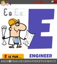 letter E from alphabet with cartoon engineer character