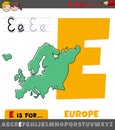 Letter E from alphabet with Europe continent