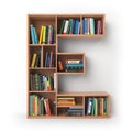 Letter E. Alphabet in the form of shelves with books isolated