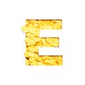 Letter E of alphabet made of bio cereals corn flakes and paper cut isolated on white. Typeface for healthy food store