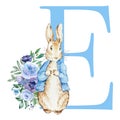 Letter E blue with watercolor cute rabbit with flowers