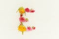 The letter `E` from the buds of multi-colored roses on a light wooden background.
