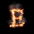 Letter E burning in fire with smoke, digital art isolated on black background, a letter from alphabet set Royalty Free Stock Photo