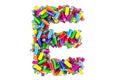 Letter E from colored spray paint cans, 3D rendering