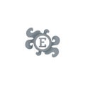 Letter E Decorative Brooch Alphabet Logo Isolated On White Background. Elegant Curl & Floral Logo Concept. Luxury Gray Initial