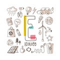 Letter E - Ecology, cute alphabet series in doodle style