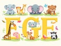 Letter E F G H Elephant Frog Giraffe Hamster Zoo English abc with animals Education cards for kids White backgr Royalty Free Stock Photo