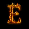 Letter E. Fire flames on black isolated background Royalty Free Stock Photo