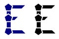 Letter E logo with pentagons, fantasy, isolated.