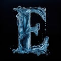 Letter E made of water. Font with splashes and drops of blue liquid. Typographic symbol