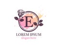 Letter E monogram logo. Circle floral style with beautiful roses. Feminine Icon Design