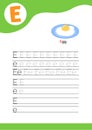Letter E with a picture of Egg and seven lines of letter E writing practice. Handwriting practice and alphabet learning