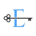 Letter E Real Estate Logo Concept With Home Lock Key Vector Template. Luxury Home Logo Key Sign Royalty Free Stock Photo