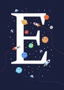Letter E with the theme of outer space for Children. Letter graphic vector illustration for kids on outer space theme. space kids Royalty Free Stock Photo