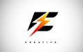 Letter E Thunderbolt Logo Concept with Black Letter and Orange Yellow Thunder