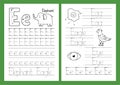 Letter E. Tracing practice worksheet set. Learning alphabet activity page