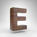 Letter E uppercase on white background. Dark oak 3D letter with brown wood texture. Royalty Free Stock Photo