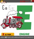 Letter E worksheet with cartoon engine