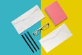 Letter envelope, eye glasses pen and note book Royalty Free Stock Photo