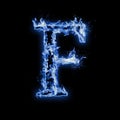 Letter F. Blue fire flames on black Royalty Free Stock Photo