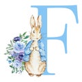 Letter F blue with watercolor cute rabbit with flowers