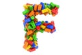 Letter F from colored steel barrels, 3D rendering
