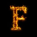 Letter F. Fire flames on black isolated background