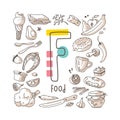 Letter F - Food, cute alphabet series in doodle style