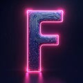 Letter F glows with bright pink neon light. Inside shows detailed circuit board pattern, microchips, and digital lines. This tech Royalty Free Stock Photo