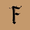 Letter F, in the Gothic style. Vector. Alphabet. The symbol is isolated on a golden background. Calligraphy and lettering.