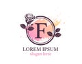 Letter F monogram logo. Circle floral style with beautiful roses. Feminine Icon Design