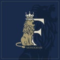 Letter F with Roaring Lion. Artistic Design. Crown is at the Top. Creative Logo with Royal Character. Luxury Style. Silhouette of