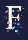 Letter F with the theme of outer space for Children. Letter graphic vector illustration for kids on outer space theme. space kids Royalty Free Stock Photo