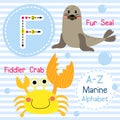 Letter F tracing. Fiddler Crab. Fur Seal. Marine alphabet