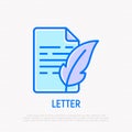 Letter with feather thin line icon