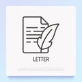 Letter with feather thin line icon. Modern vector illustration of retro style communication