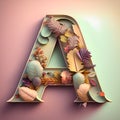 Letter A filled with colorful autumn leaves and acorns. 3D rendering