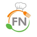 Letter FN Restaurant Logo with Chef Hat Spoon And Fork Template. Restaurant Logo On Letter FN Barbecue, Cafe Logo Vector Royalty Free Stock Photo