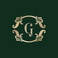 Letter G Alphabet Logo with Luxury Decorative Golden Frame. Elegant Curl Floral Ornament Royalty Free Stock Photo