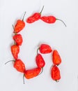 Letter G alphabet made with Ghost pepper Bhoot jolokia over white background