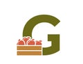 letter g with apple crate. creative fruit and organic food alphabet logo. harvest and gardening design