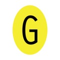 The letter G is black in color with a yellow ellipse frame