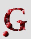 Letter G from english alphabet created from cherries. 3D cherry letter with shadow behind a light gray paper