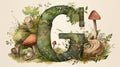 Letter G Graphics: Forest Floor Illustration, Mushrooms, and Tree Stumps in Hand-Drawn Watercolor Pencil Style, Generative AI Royalty Free Stock Photo