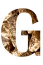 Letter G made of shiny golden stones isolated on white.